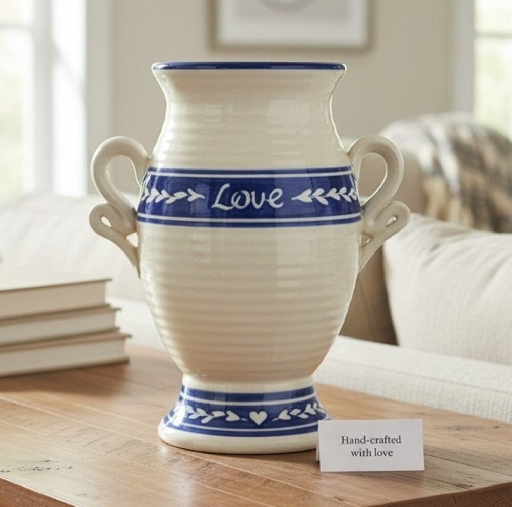 Graystone Pottery Artisan Vase Love Hearts Handles Beige and Blue 8.5" Handmade